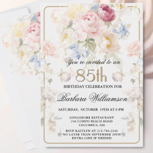 Invitation Élégant Fleurs Roses Peintes pour 85e Anniversaire
