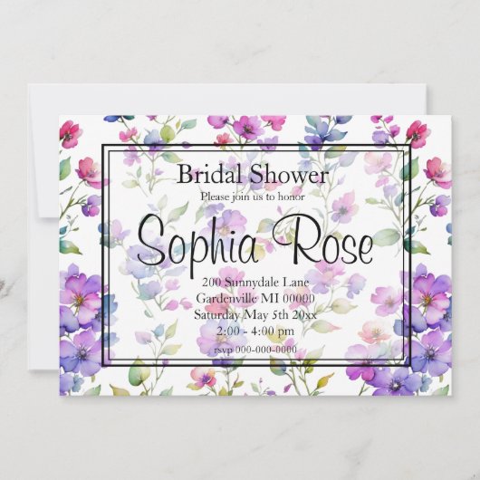 Invitation Élégant fleurs sauvages d'aquarelle rose violet (Devant)