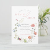 Invitation Élégant Fleurs sauvages roses et papillons Mariage (Debout devant)