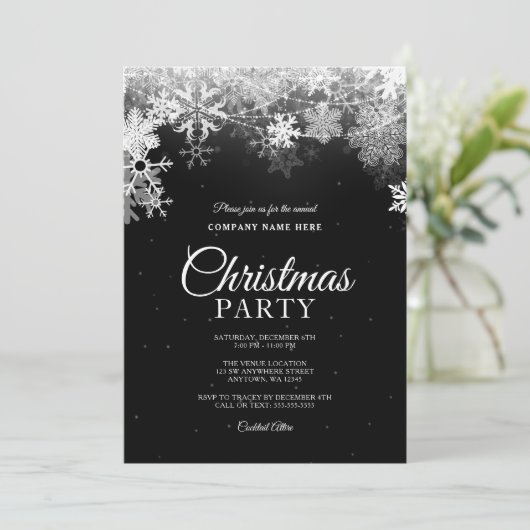 Invitation Élégant Flocon de neige blanc noir Noël d'entrepri (Debout devant)