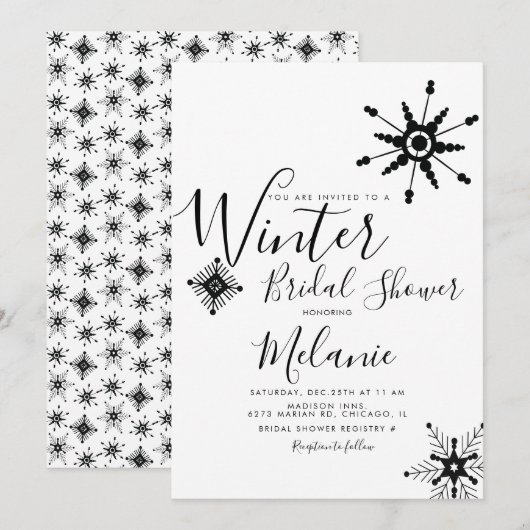 Invitation Élégant Flocon de Neige Noir Mariage Événement de (Devant / Derrière)