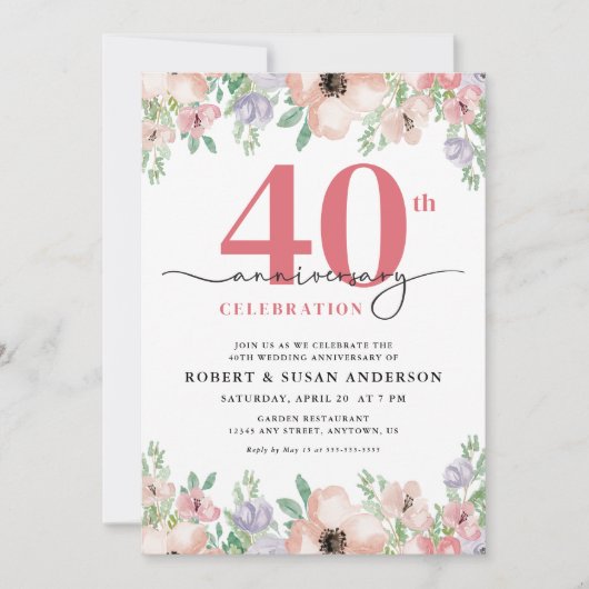 Invitation Elegant Floral 40th Wedding Anniversary (Devant)