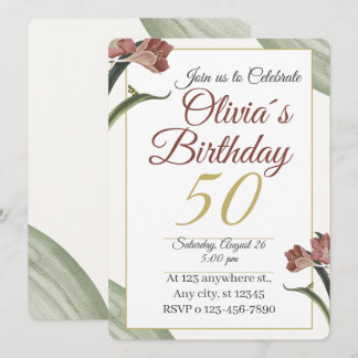 Invitation Elegant Floral 50th – Gold and Blush Flower