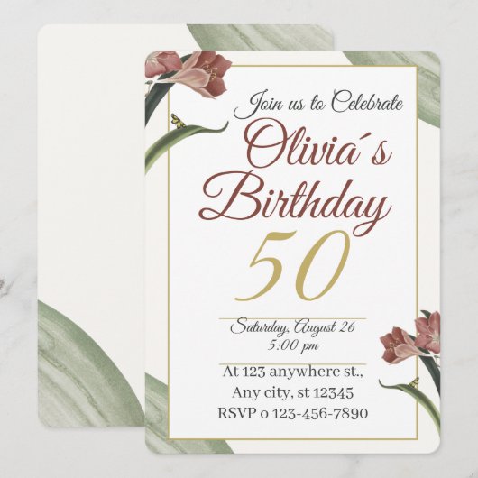 Invitation Elegant Floral 50th – Gold and Blush Flower (Devant / Derrière)