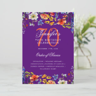 Invitation Élégant Floral 70e Anniversaire Menu Purple