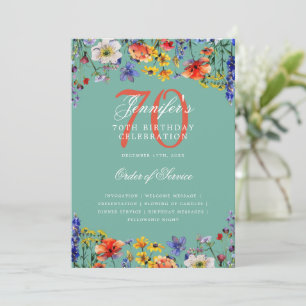 Invitation Elégant Floral 70e Anniversaire Menu Turquoise