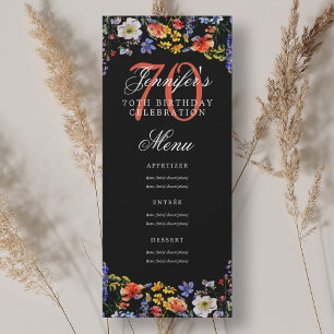 Invitation Elégant Floral 70th Birthday Party Menu noir