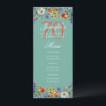Invitation Elégant Floral 70th Birthday Party Menu Turquoise<br><div class="desc">Elégant "Menu fête d'anniversaire" avec fleurs de saules d'aquarelle et texte personnalisé.</div>