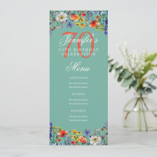 Invitation Elégant Floral 70th Birthday Party Menu Turquoise
