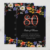 Invitation Elégant Floral 80e Anniversaire Menu Black (Devant / Derrière)