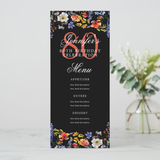 Invitation Elégant Floral 80th Birthday Party Menu Noir (Debout devant)