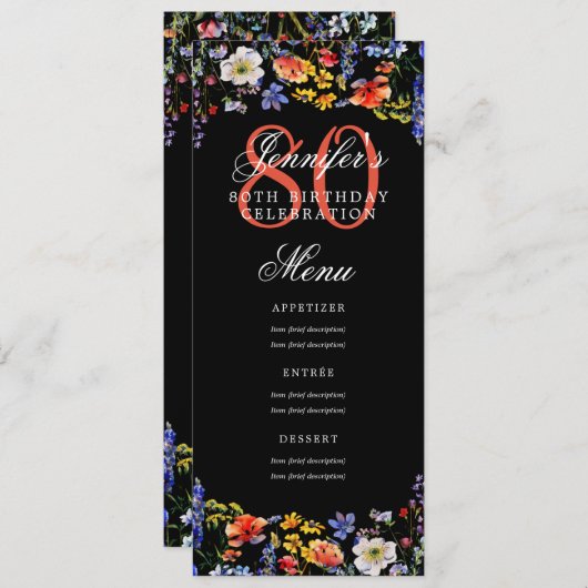 Invitation Elégant Floral 80th Birthday Party Menu Noir (Devant / Derrière)