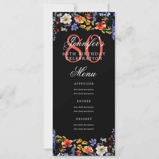 Invitation Elégant Floral 80th Birthday Party Menu Noir (Devant)