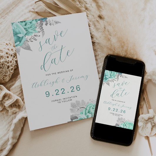 Invitation Elegant Floral Aqua Silver Save the Date