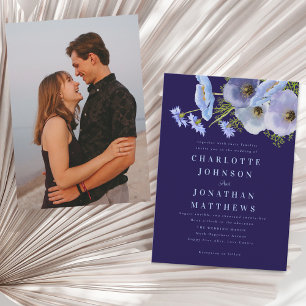 Invitation Élégant floral aquarelle bleu marine photo mariage