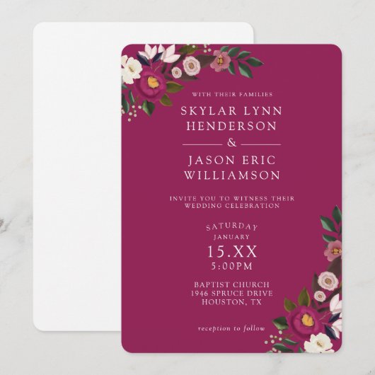 Invitation Élégant floral aquarelle bordeaux mariage humeur (Devant / Derrière)
