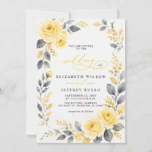 Invitation Élégant floral aquarelle jaune gris mariage