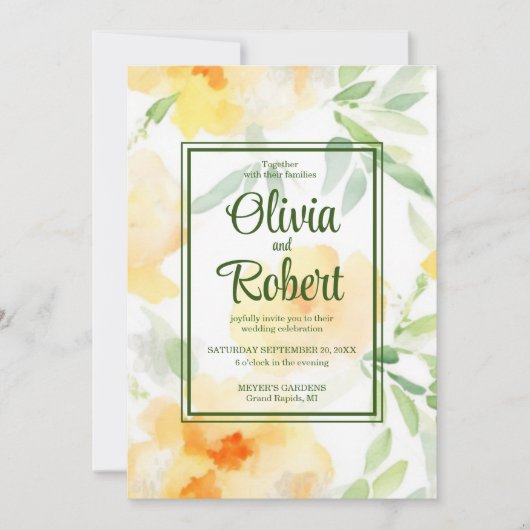 Invitation Élégant floral aquarelle orange jaune pour mariage (Devant)