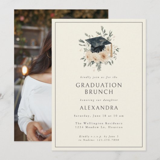 Invitation Elégant Floral Aquarelle Style Graduation Brunch (Devant / Derrière)
