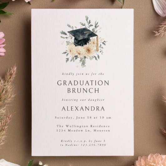 Invitation Elégant Floral Aquarelle Style Graduation Brunch