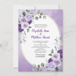 Invitation Élégant floral aquarelle violet or ovale mariage