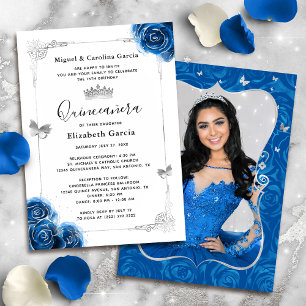 Invitation Elégant floral argent Royal Blue Quinceanera Photo