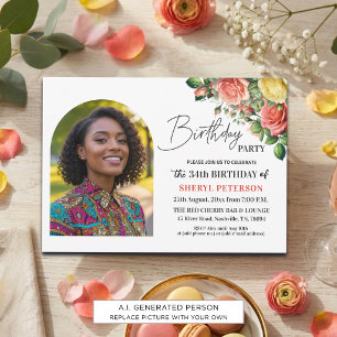 Invitation Élégant floral avec photo pour la 34e fête d'anniv