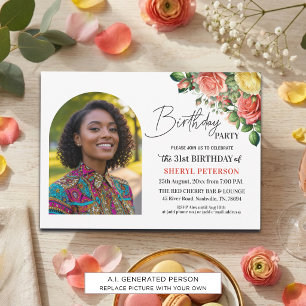 Invitation Élégant floral avec photo pour une fête d'annivers