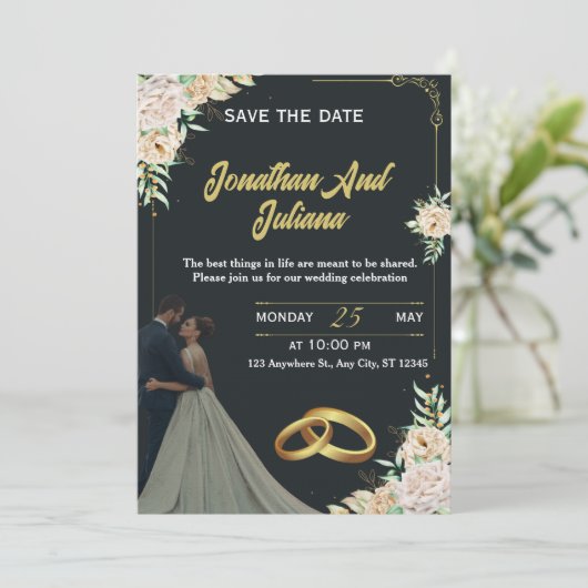 Invitation Elegant Floral Black Gold Custom Wedding Invite  (Debout devant)