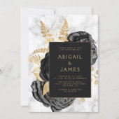 Invitation Elegant Floral Black Gold Gray Marble Wedding (Devant)