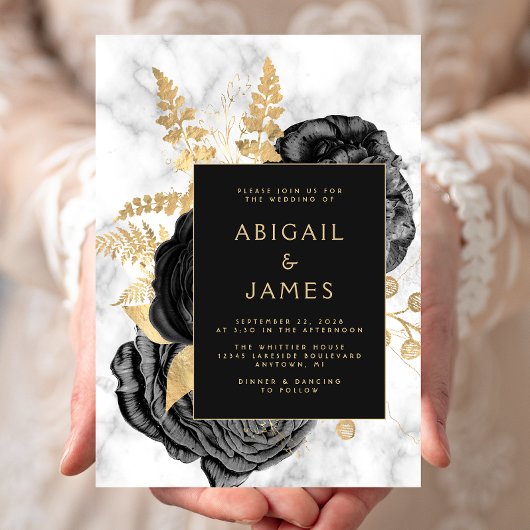 Invitation Elegant Floral Black Gold Gray Marble Wedding