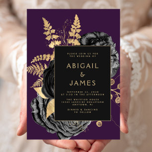 Invitation Élégant Floral Black Gold violet Mariage