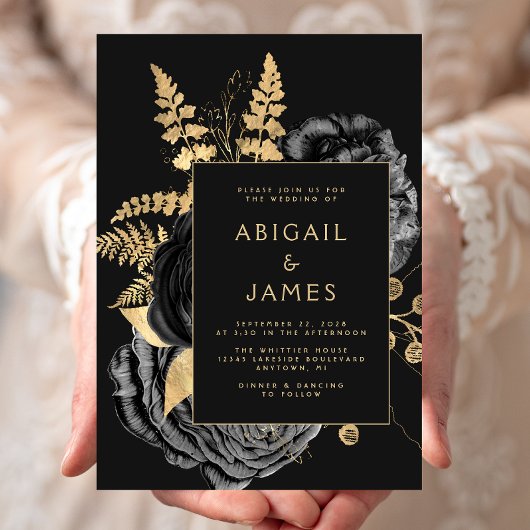 Invitation Elegant Floral Black Gold Wedding