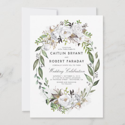 Invitation Élégant floral blanc | Aquarelle Mariage de verdur (Devant)