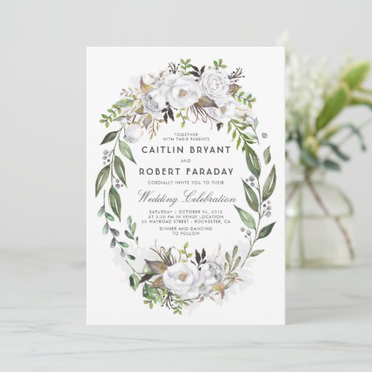 Invitation Élégant floral blanc | Aquarelle Mariage de verdur (Debout devant)