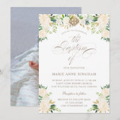 Invitation Élégant Floral Blanc Beige Calligraphie Baptême (Devant / Derrière)