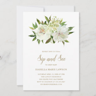 Invitation Elégant floral blanc ivoire or fille Sip et voir