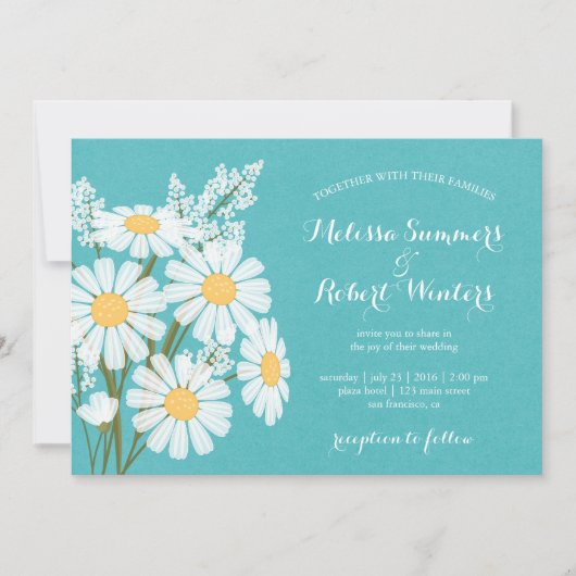 Invitation Elégant floral blanc marguerites Mariage Turquoise (Devant)