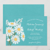Invitation Elégant floral blanc marguerites Mariage Turquoise (Devant / Derrière)