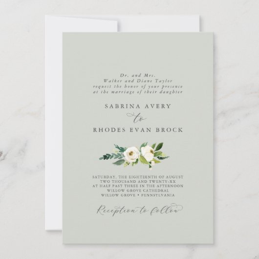 Invitation Élégant floral blanc | Sage Mint Mariage officiel (Devant)