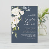 Invitation Elégant floral blanc sur Mariage bleu marine (Debout devant)