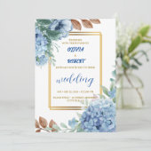 Invitation Élégant floral bleu avec cadre doré (Debout devant)