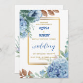 Invitation Élégant floral bleu avec cadre doré (Devant / Derrière)