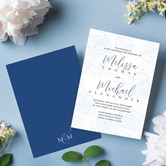 Invitation Élégant floral bleu calligraphie script rose