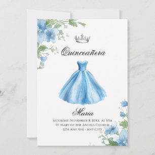 Invitation Élégant floral bleu Quinceañera aquarelle