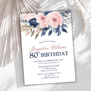 Invitation Elégant floral bleu rose marine 80e anniversaire