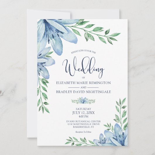 Invitation Elégant Floral Blue Blooms Mariage verdoyant (Devant)
