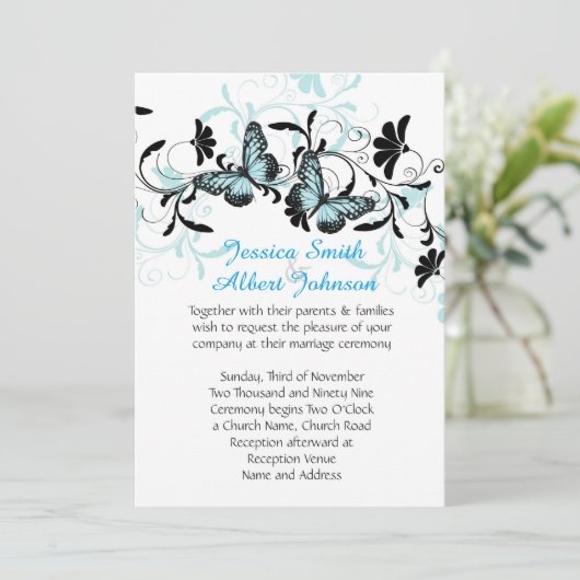 Invitation Elégant Floral Blue Butterfly Wedding Inviter (Debout devant)