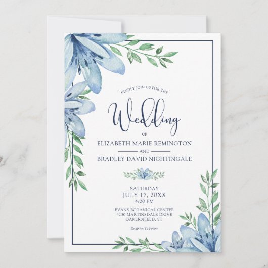Invitation Elégant Floral Blue Flowers Mariage de verdure (Devant)