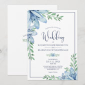 Invitation Elégant Floral Blue Flowers Mariage de verdure (Devant / Derrière)